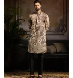 Beige With Black Printed Kurta Paired With Black Pants