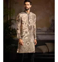 Beige With Black Printed Kurta Paired With Black Pants