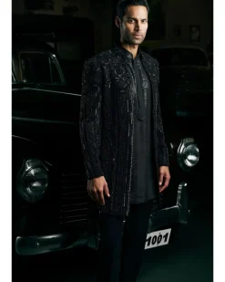 Black Abstract Open Sherwani Set