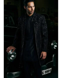 Black Abstract Open Sherwani Set