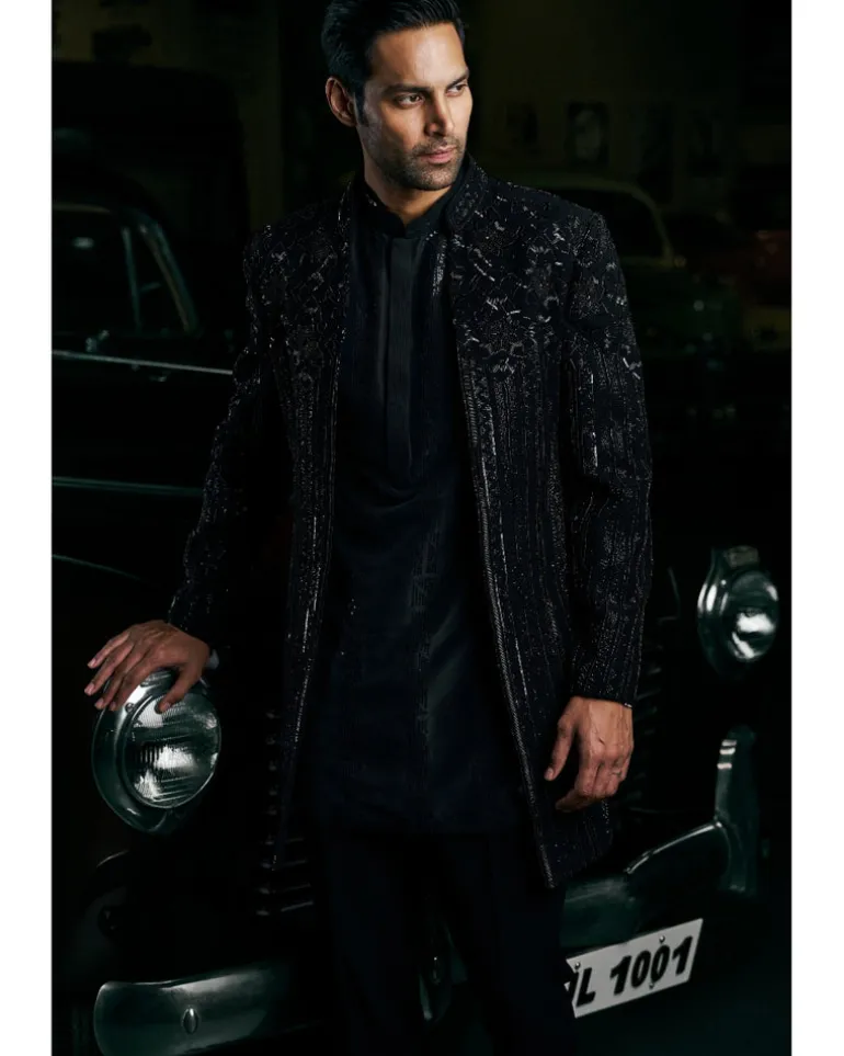 Black Abstract Open Sherwani Set