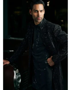 Black Abstract Open Sherwani Set