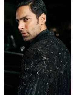 Black Abstract Open Sherwani Set