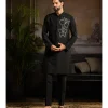 Black & Silver Star Dust Floral Motif Kurta Paired With Black Pants