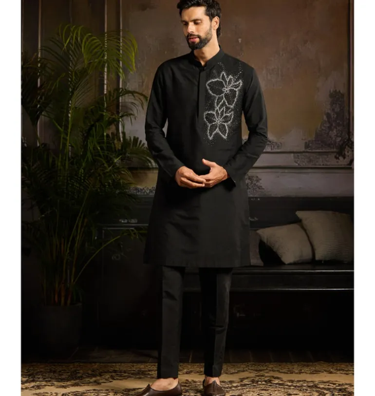 Black & Silver Star Dust Floral Motif Kurta Paired With Black Pants