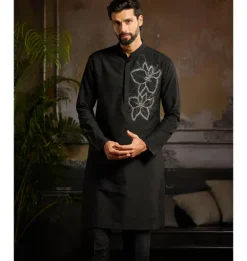 Black & Silver Star Dust Floral Motif Kurta Paired With Black Pants