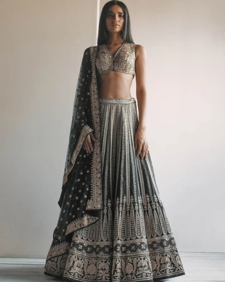 Black And Gold Embroidered Lehenga Set