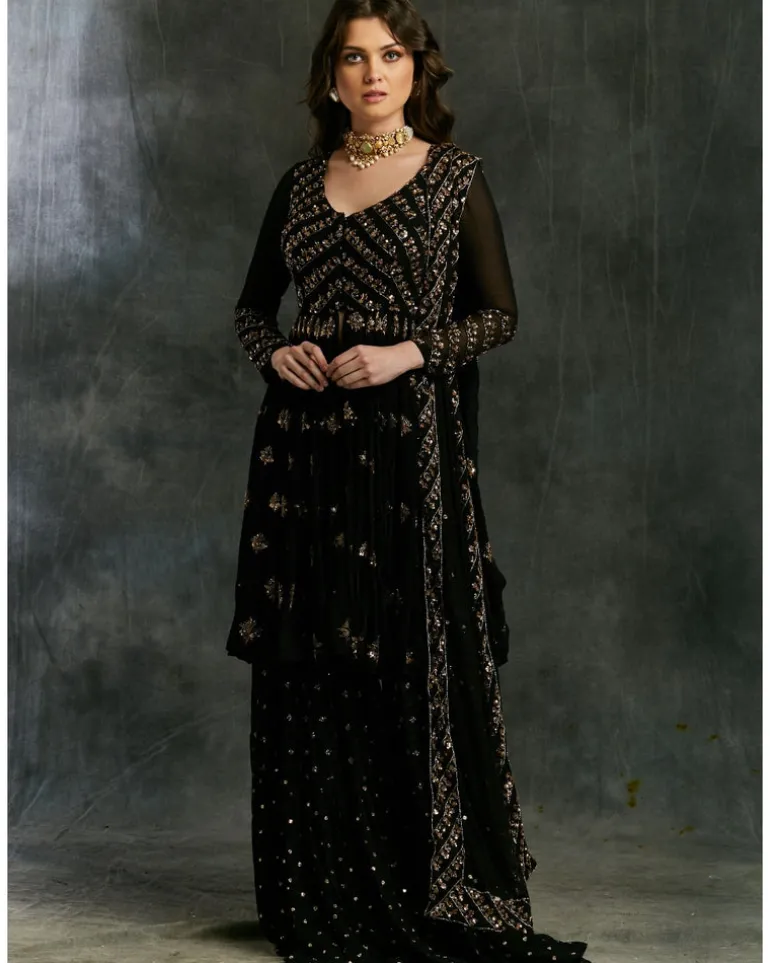Black And Gold Georgette Jacket Sharara