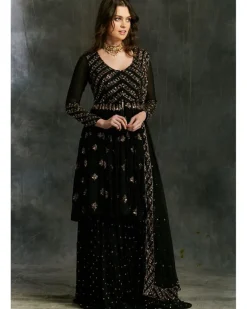 Black And Gold Georgette Jacket Sharara