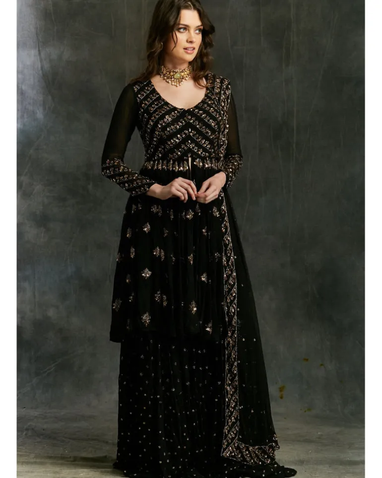 Black And Gold Georgette Jacket Sharara