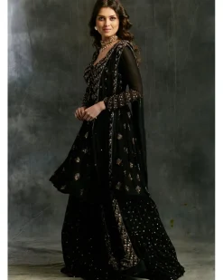 Black And Gold Georgette Jacket Sharara