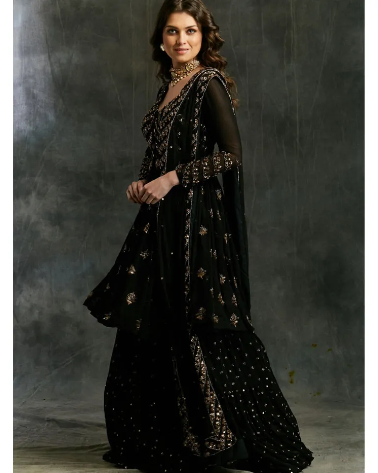 Black And Gold Georgette Jacket Sharara