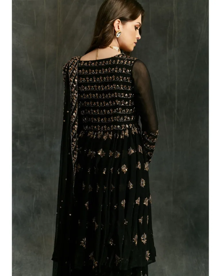 Black And Gold Georgette Jacket Sharara