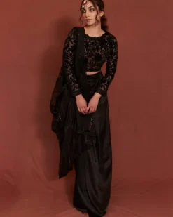 Black Applique Pre-Draped Sari Set
