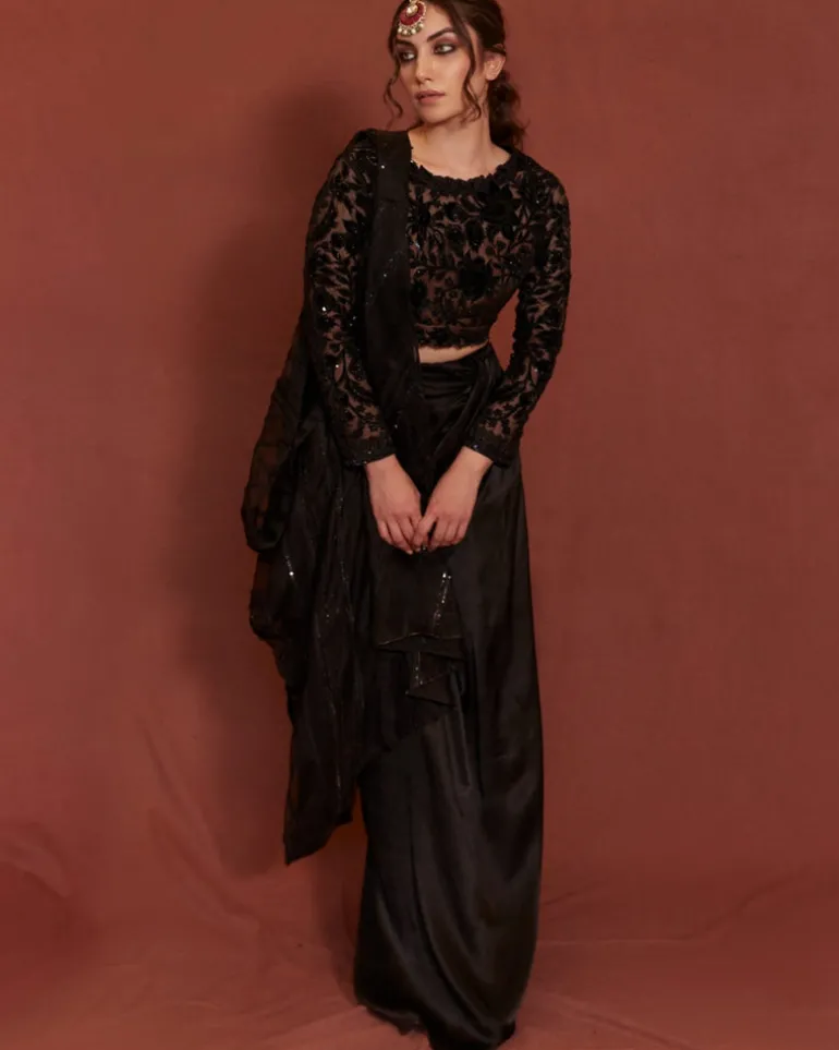 Black Applique Pre-Draped Sari Set