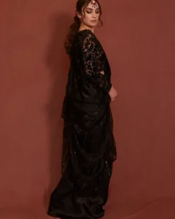 Black Applique Pre-Draped Sari Set