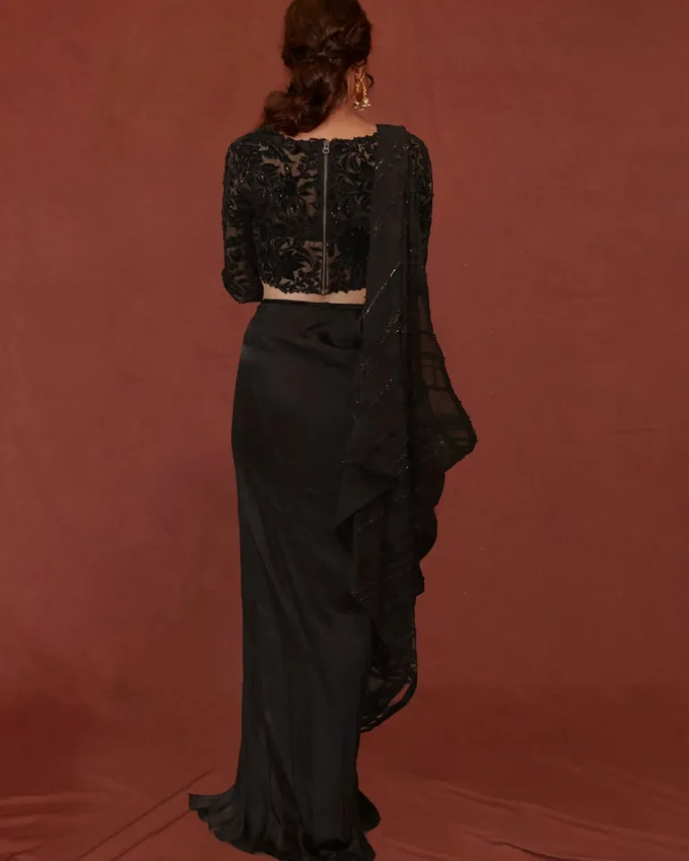 Black Applique Pre-Draped Sari Set