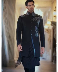 Black Applique Textured Sherwani