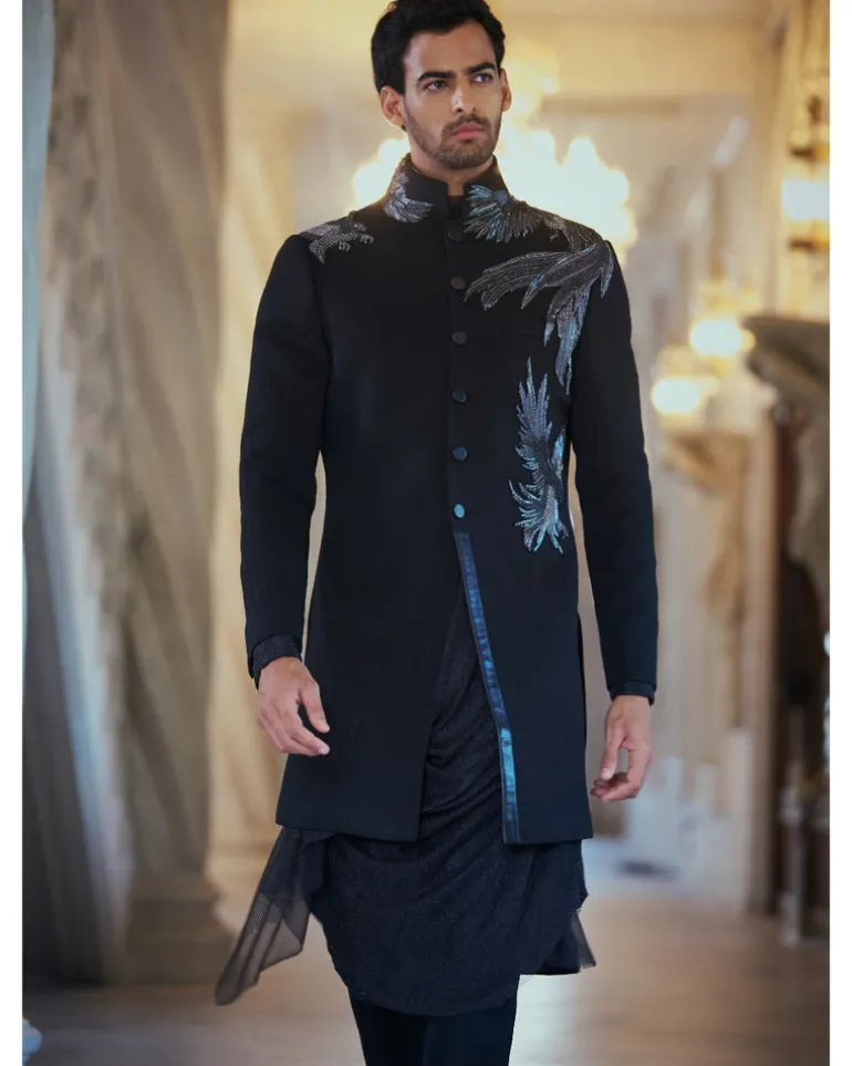 Black Applique Textured Sherwani