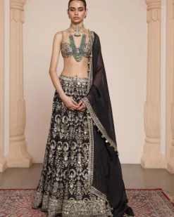 Black Banarasi Silk Floral Lehenga Set