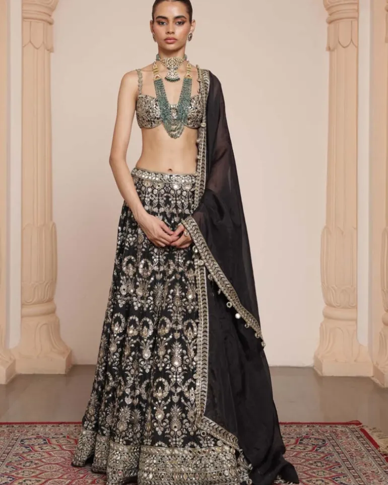 Black Banarasi Silk Floral Lehenga Set
