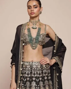 Black Banarasi Silk Floral Lehenga Set