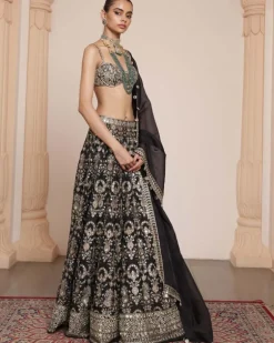 Black Banarasi Silk Floral Lehenga Set