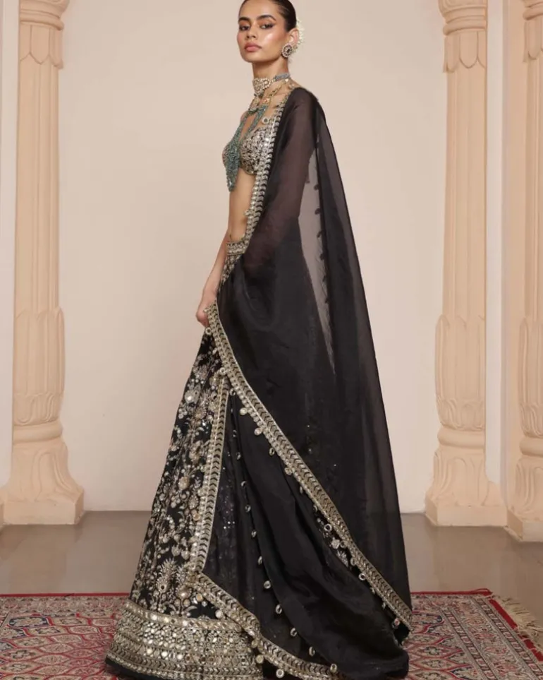 Black Banarasi Silk Floral Lehenga Set