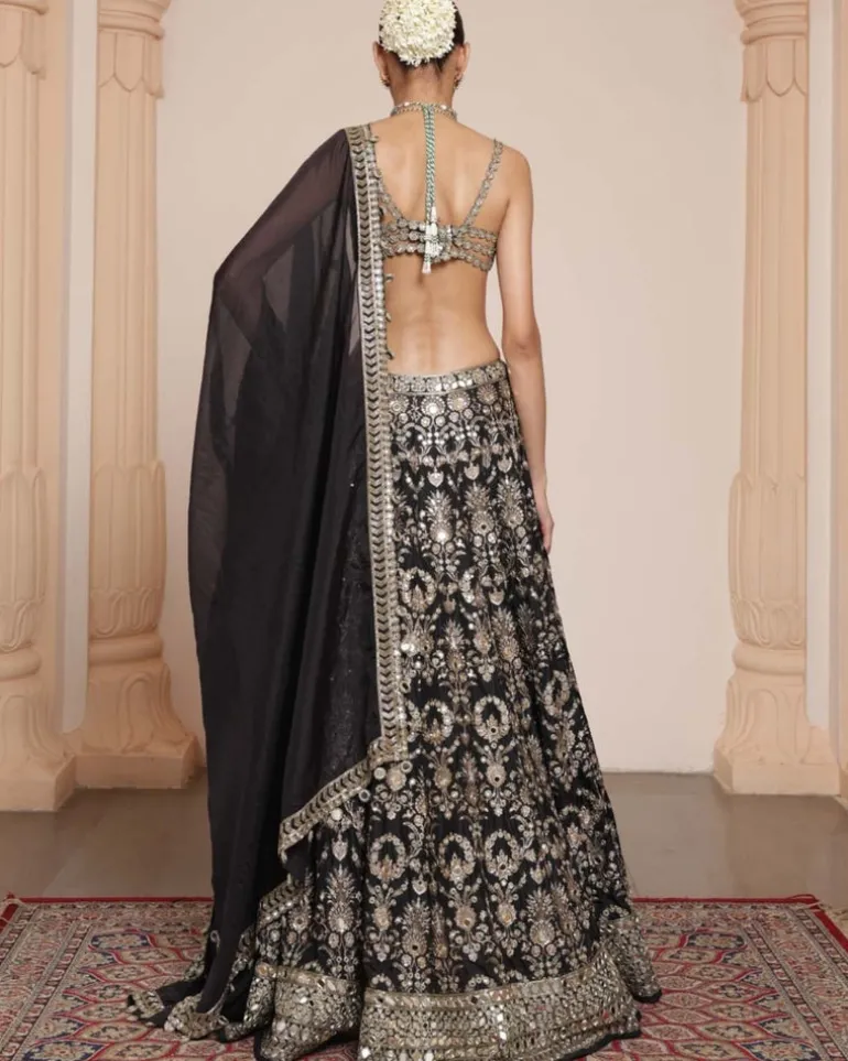 Black Banarasi Silk Floral Lehenga Set