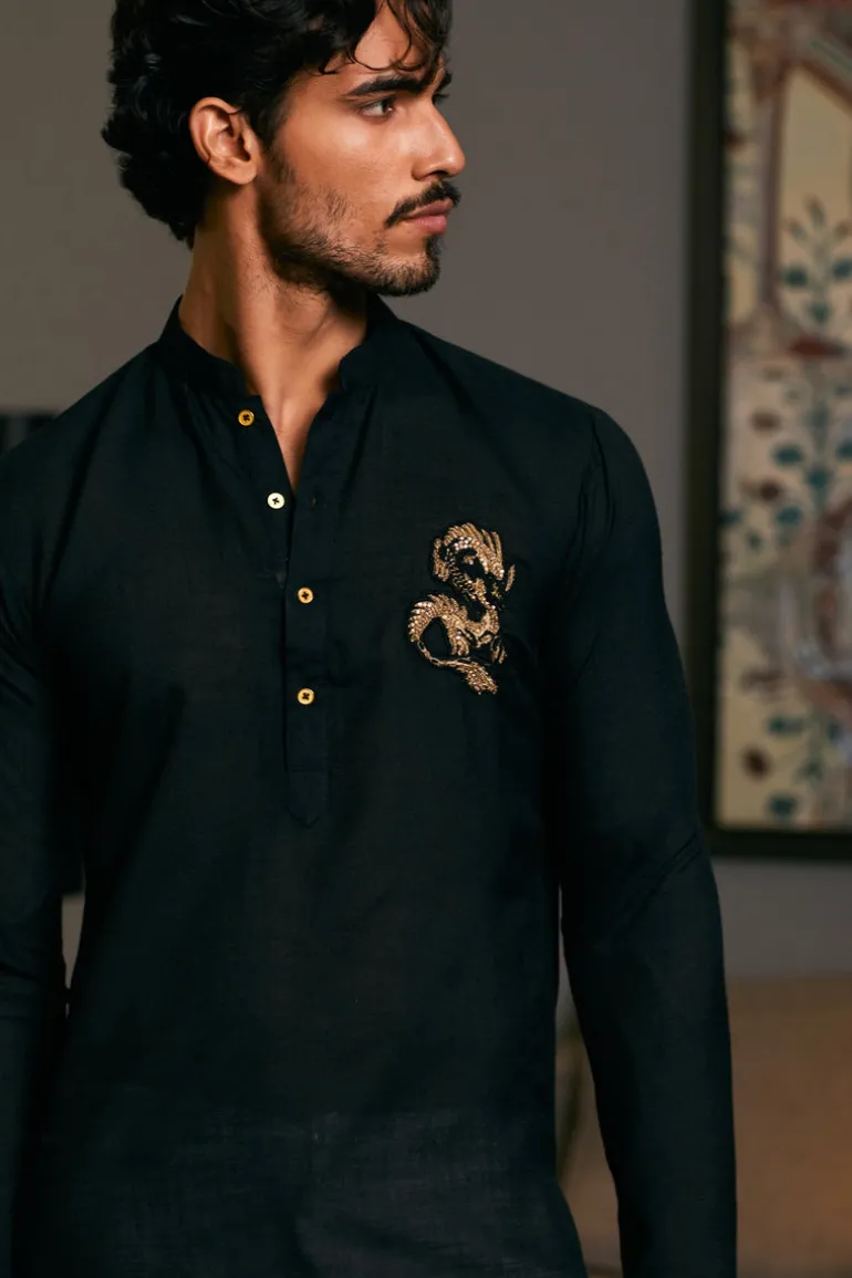 Black Blended Goe Dragon Kurta Set