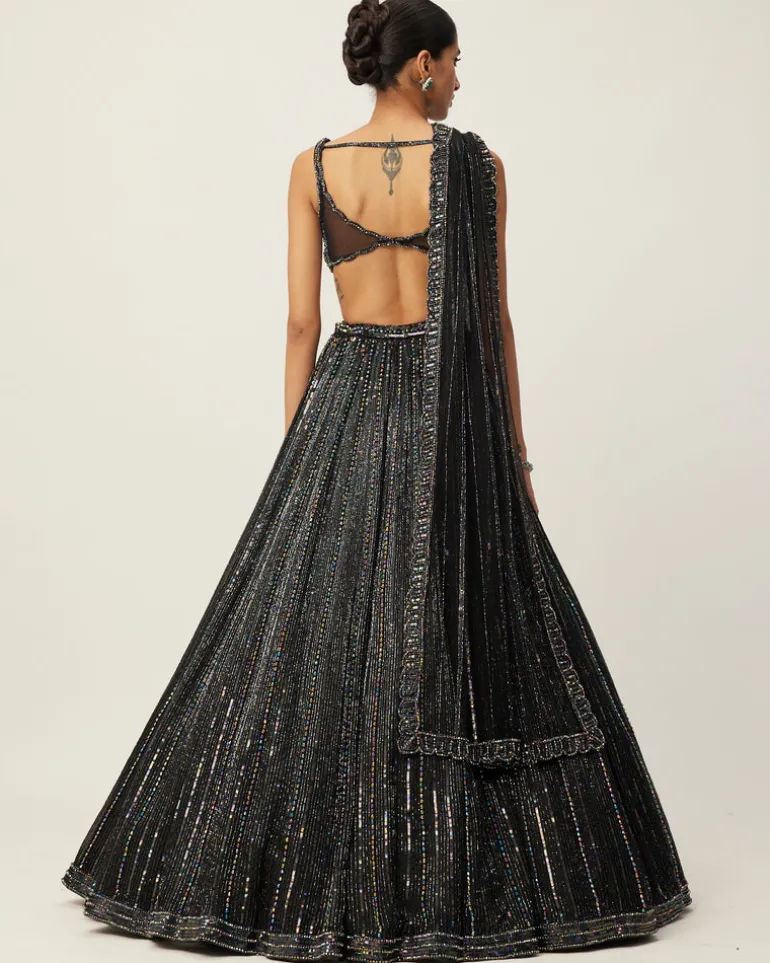 Black Crystal Linear Embroidered Lehenga Set