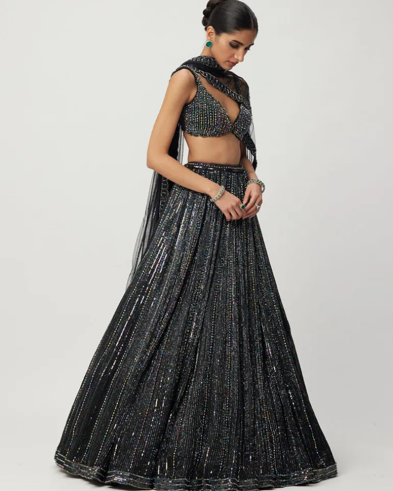 Black Crystal Linear Embroidered Lehenga Set