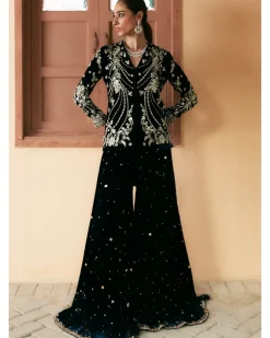 Black Embroidered Belted Sharara Set