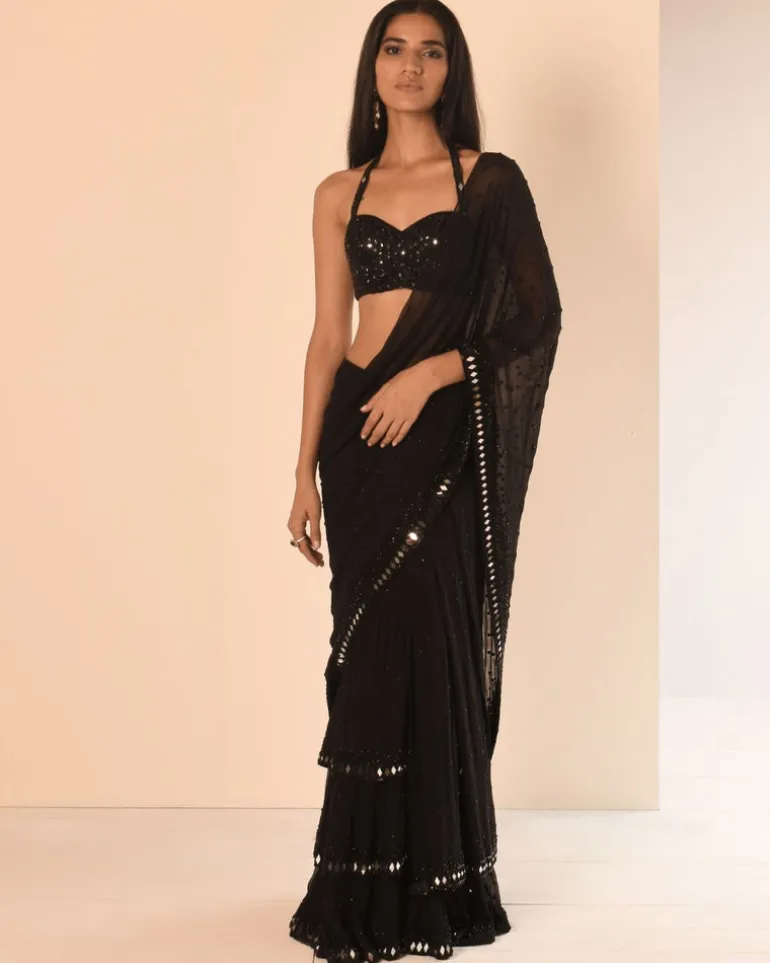 Black Embroidered Tiered Sari Set