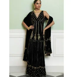 Black Embroidered Velvet Sharara Set