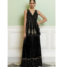 Black Embroidered Velvet Sharara Set