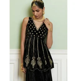 Black Embroidered Velvet Sharara Set