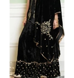 Black Embroidered Velvet Sharara Set