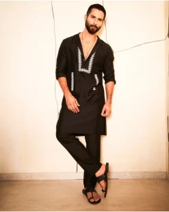 Black Embroidered Woven Chanderi Kurta Set