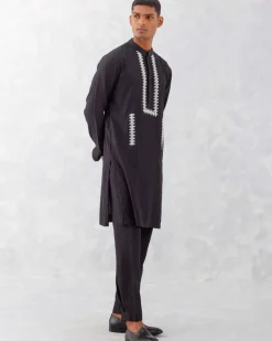 Black Embroidered Woven Chanderi Kurta Set