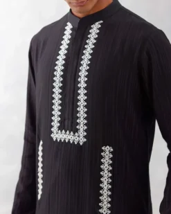 Black Embroidered Woven Chanderi Kurta Set