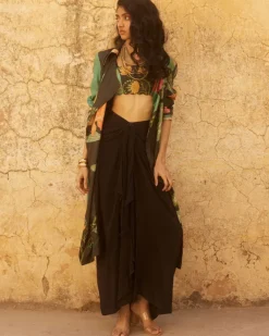 Black Floral Jacket And Drape Skirt Set