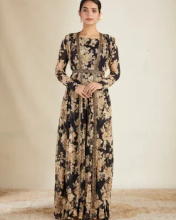 Black Floral Jumpsuit With Cape Set