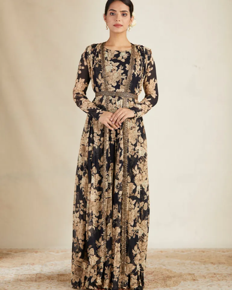 Black Floral Jumpsuit With Cape Set