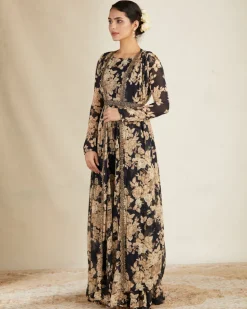 Black Floral Jumpsuit With Cape Set