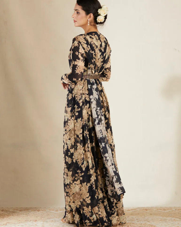 Black Floral Jumpsuit With Cape Set