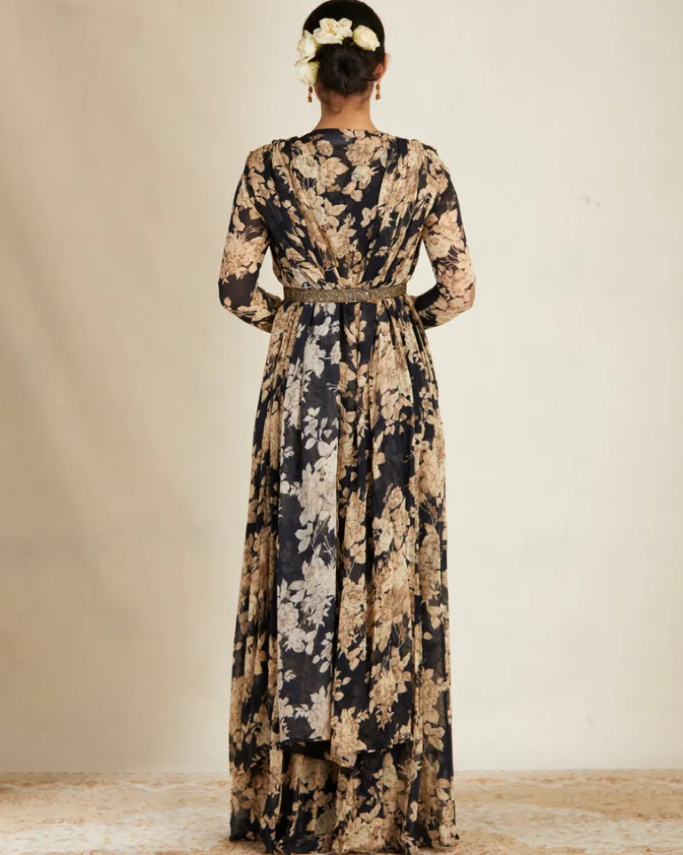 Black Floral Jumpsuit With Cape Set