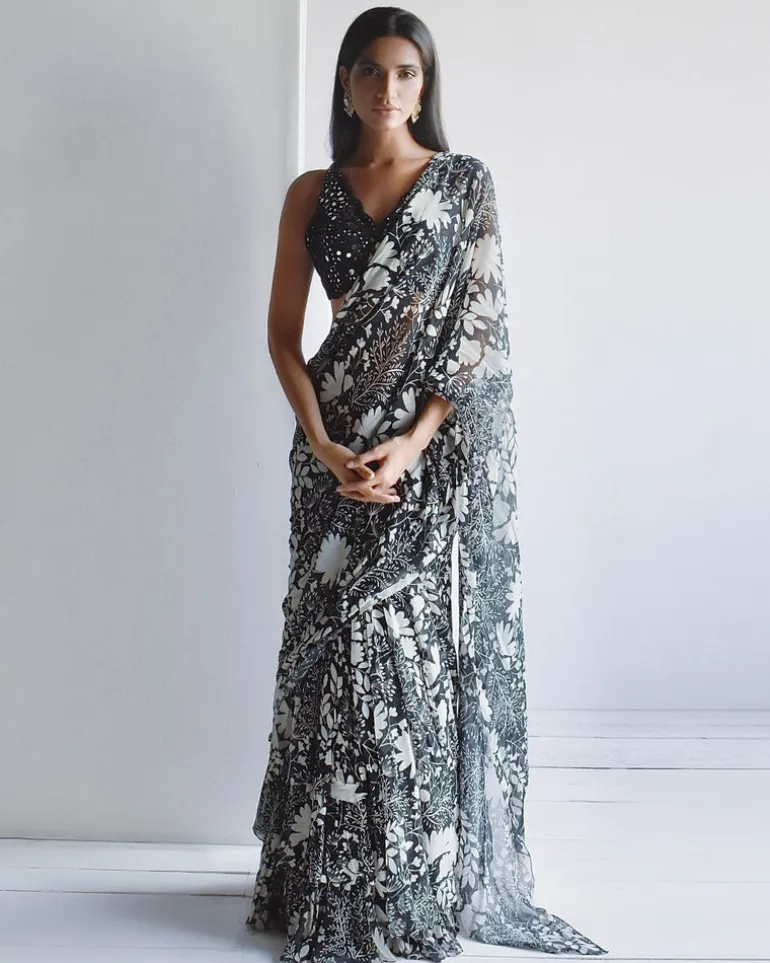 Black Garden Printed Ruffle Sari Set