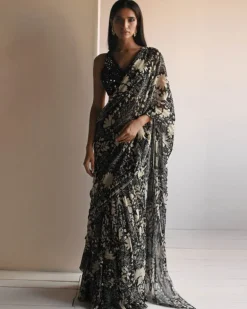 Black Garden Printed Ruffle Sari Set