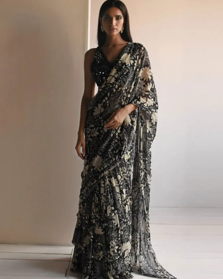 Black Garden Printed Ruffle Sari Set